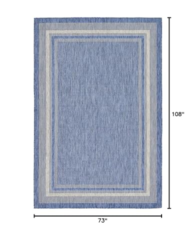 Outdoor Border Area Rug - Blue & Ivory Rectangular 6'1" x 9' | Unique Loom