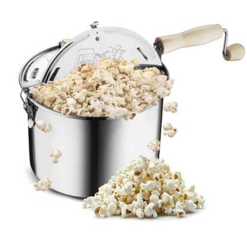 Stovetop Popcorn Maker 6.5 Quart Stainless Steel Silver with Stirring Handle
