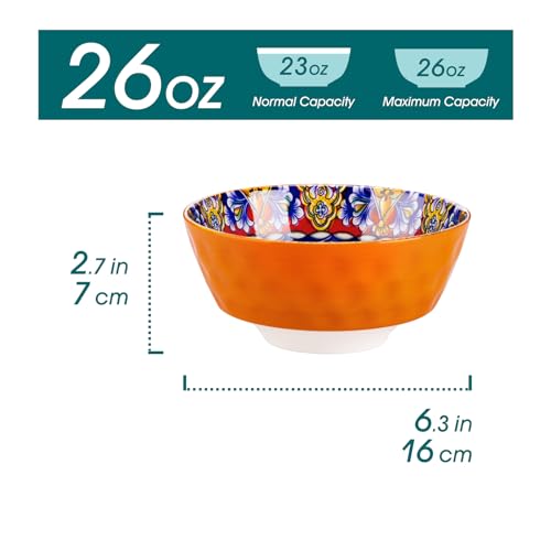 Bohemian Style Ceramic Cereal & Salad Bowls Set of 6 - 26 Oz