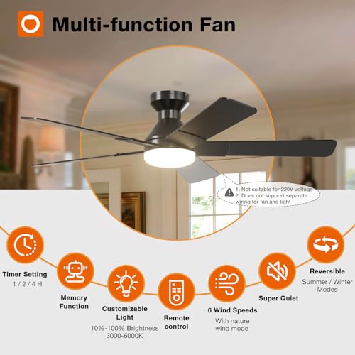 addlon 52 Inch Black Low Profile Ceiling Fans with Lights and Remote