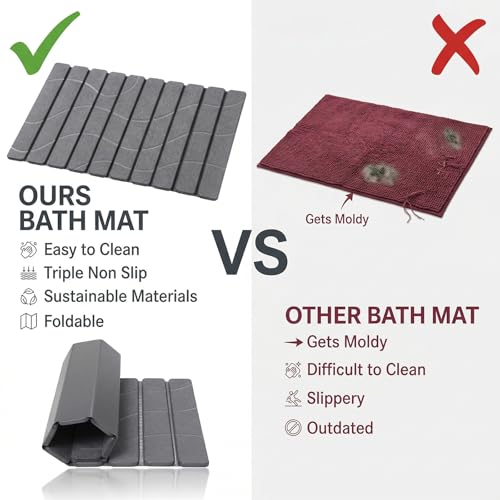 Foldable Stone Bathroom Mat - Non Slip Diatomaceous Shower Mat, 24x16 Dark Gray