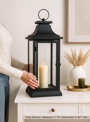 Large Black Metal Hurricane Lantern with Clear Glass Panels - 20 Inch Tall, Tabletop & Hanging Decor