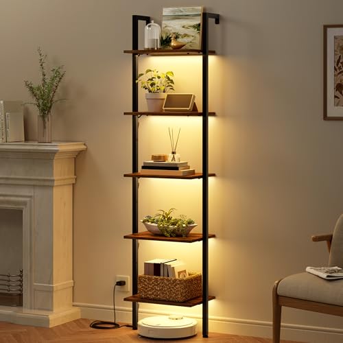 Wall Mounted Ladder Bookshelf with Light - Rustic Brown, 5 Tiers