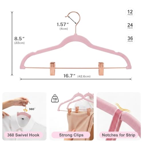 Peach Pink Velvet Pants Hangers with Clips - 24 Pack with Rose Gold Hooks