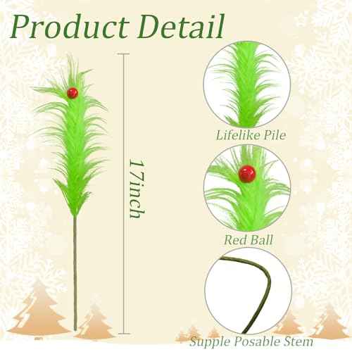 12 Pcs Christmas Tree Topper, 17 Inch Grinchmas Christmas Decorations Red Green Elf Tree Ornaments for Christmas Picks Furry Cute Funny Xmas Decor