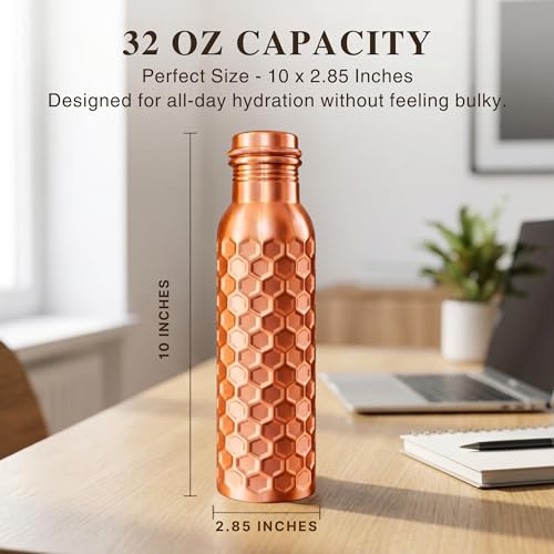 Copper Water Bottle 32 oz - Handmade Solid Copper, Leak-Proof, Reusable for Home & Yoga - Variation of THIS Listing