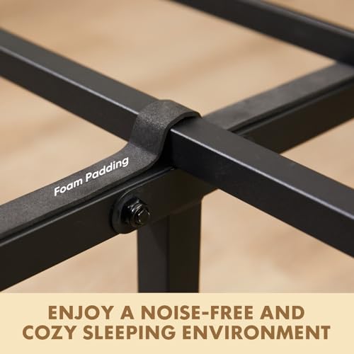 Brown Full Size Platform Bed Frame with Wooden Headboard - Heavy Duty Metal Slats