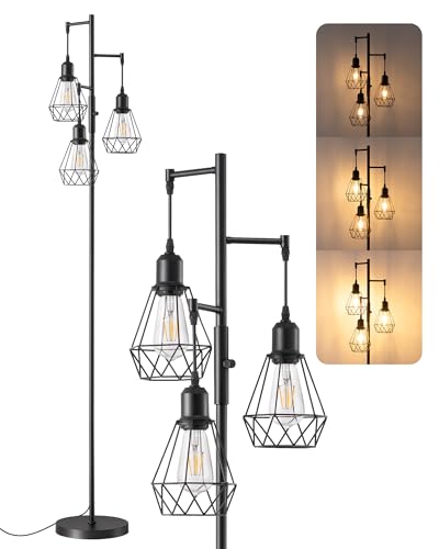 Black 70-Inch Farmhouse Floor Lamp with Diamond Shade & Dimming