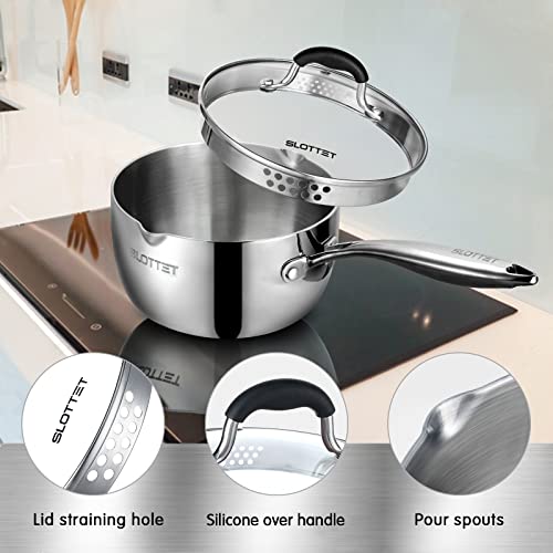 SLOTTET 1.5 Quart Tri-Ply Stainless Steel Saucepan with Steamer, Glass Lid & Pour Spout