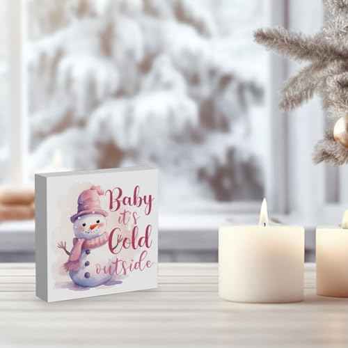 Baby It's Cold Outside Pink Winter Decor - Snowman Decor, Winter Christmas Sign, 5 x 5 Inches
