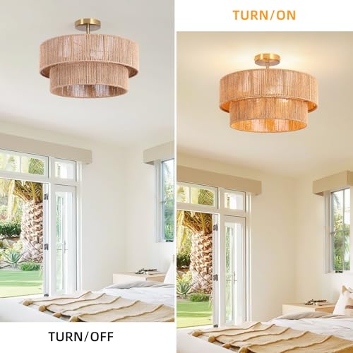 18-Inch Boho Rattan Semi-Flush Mount Ceiling Light Fixture - Handwoven Rustic Style