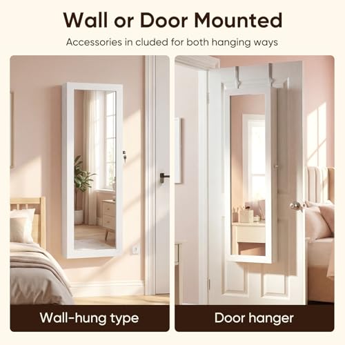 Full-Length Wall-Mounted Jewelry Cabinet with Lock & LED Lights - White, 50"