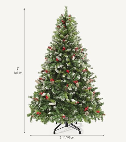 Green 6FT Pre-Lit Christmas Tree with Pine Cones & Red Berries - 818 Tips, 250 LED Lights