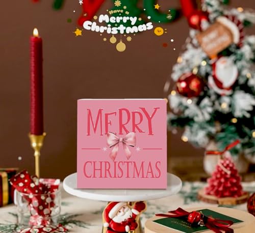 Pink Coquette Bow Christmas Decor Merry Christmas Sign Bow 5x5 Inches - ULEGIE