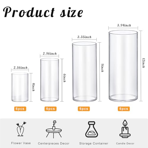 Homjoy 24 Pack Thick Clear Glass Cylinder Vases - 4, 6, 9, 12 Inch Tall for Flowers, Candles, Wedding & Home Decor