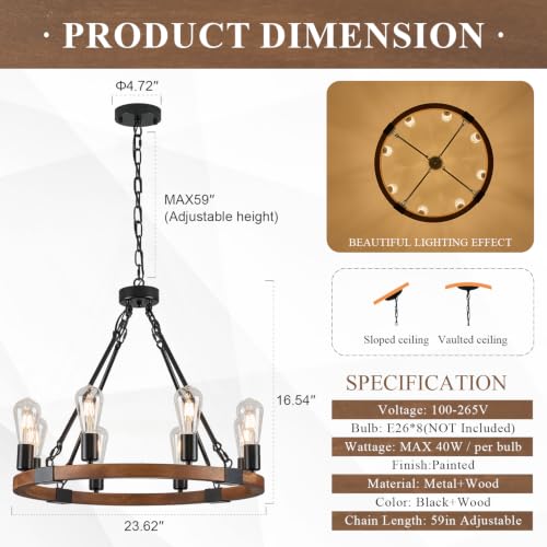 Farmhouse Wooden Wagon Wheel Chandelier 8-Light Fixture - Walnut, 23.6"
