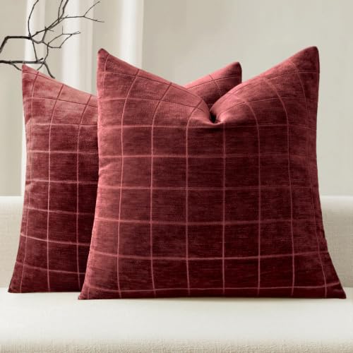 MIULEE Burgundy Plaid Throw Pillow Covers Set of 2, 18x18 Inches, Decorative Home Accent