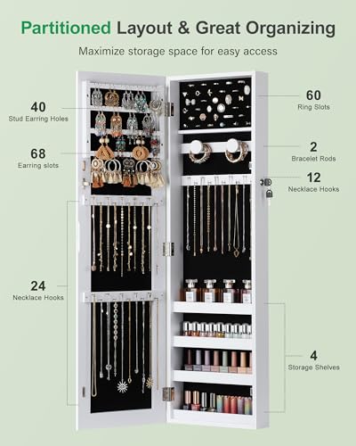 Nicetree Hanging Jewelry Cabinet - White Wall Mount Mirror with Lock & Ample Storage, 3.8''D x 12.4''W x 42''H