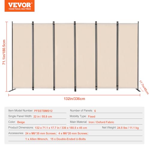 Room Divider 6 Panels Folding Privacy Screen Portable Partition Beige