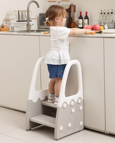 Gray Two Step Stool with Handrails for Toddler & Kids, Learning Tower for Bathroom & Potty Training