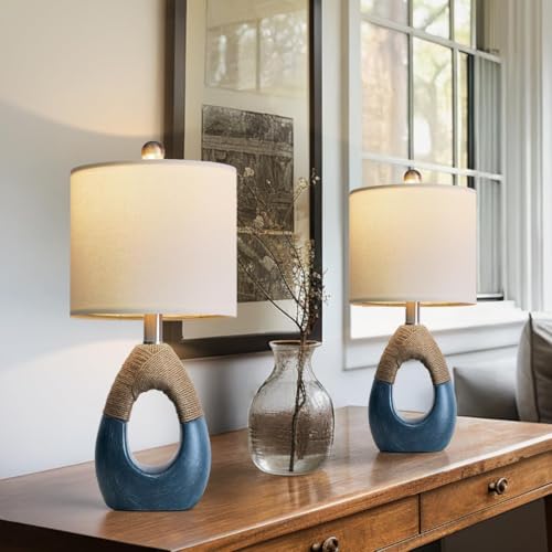 Boho Bedside Table Lamps Set of 2 - Brushed Blue, Small Space Coastal Farmhouse Style