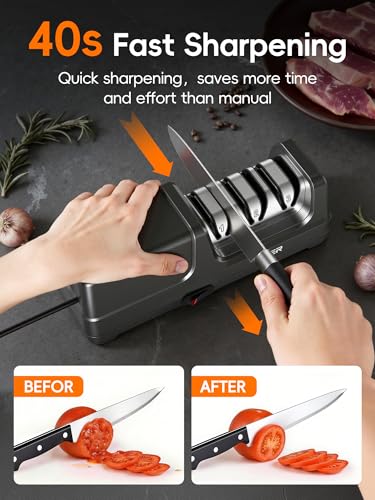 Electric Knife Sharpener - 3-Stage Diamond System for Kitchen Blades - Black