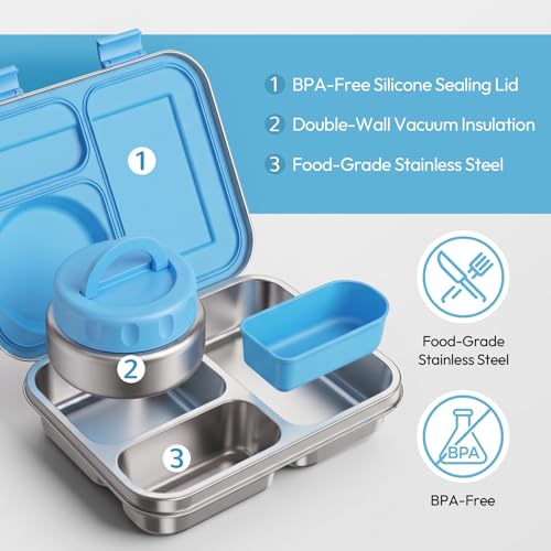 Stainless Steel Bento Lunch Box with 8oz Insulated Food Jar - Blue - 3 Compartments, Leak-Proof & BPA-Free for Kids & Adults