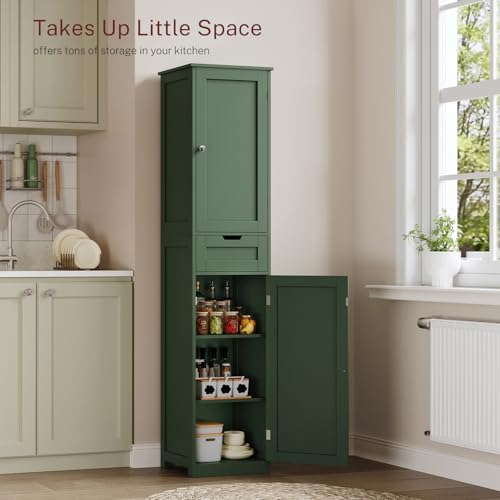 TEENFON Tall Bathroom Storage Cabinet with 2 Doors & 1 Drawer, Forest Green, Narrow Design
