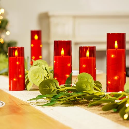 Homemory Red Flickering Flameless Candles with Remote, 5-Piece Set (2.2x5", 2.2x6", 2.2x7", 2.2x8"), 4-Timer