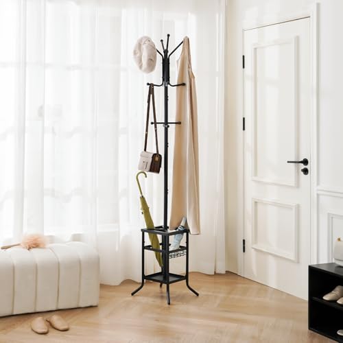 Black Yoobure Freestanding Coat Rack with Umbrella Holder, 12 Hooks, Modern Entryway Stand