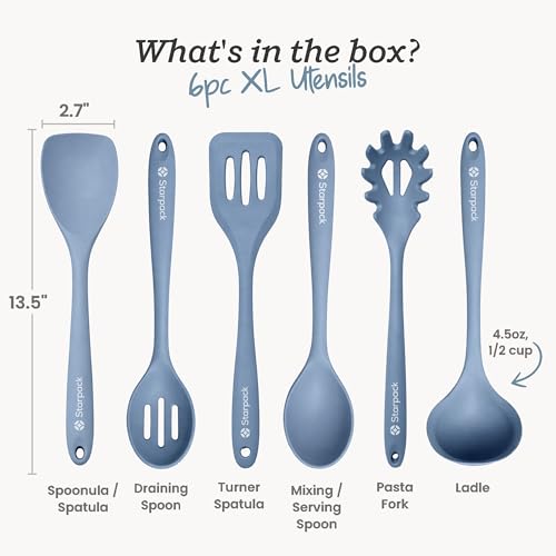 XL Silicone Cooking Utensils Set of 6 - 13.5 Inch Heat-Resistant & BPA-Free Light Blue