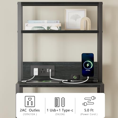 Furnulem 3-Drawer Tall Nightstand with Charging Station - Black Oak
