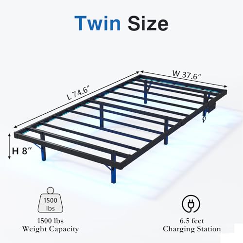 Floating Bed Frame Twin with LED Lights and Charging Station - 8 Inch Height