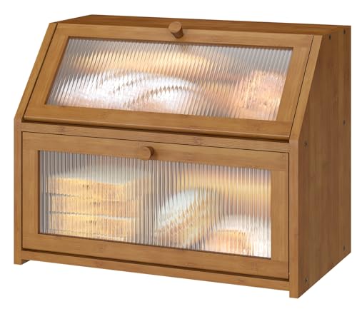 Large Brown Bamboo Double Layer Bread Box for Kitchen Counter - Vriccc