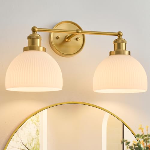 Vintage Milk Glass Bathroom Light Fixtures - Gold 2-Light Vanity Lamp - Anti-Rust Bathroom Wall Sconce - Easy Install