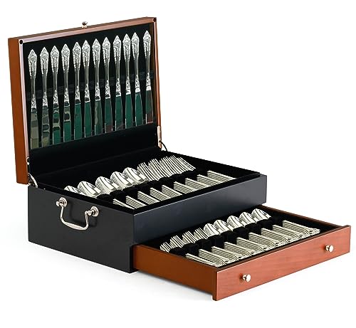 Silverware Storage Box with Lid and Polishing Cloth – Flatware Organizer for 14 Place Settings