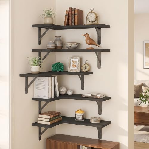 Fixwal Conner Wall Shelves Set of 5 - Rustic Black Corner Storage