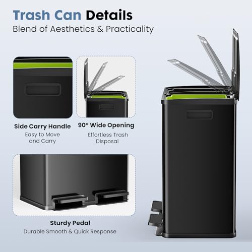 Dual Compartment Stainless Steel Trash Can - 2x30L with Lid, Black - Foot Pedal Bin with Removable Buckets