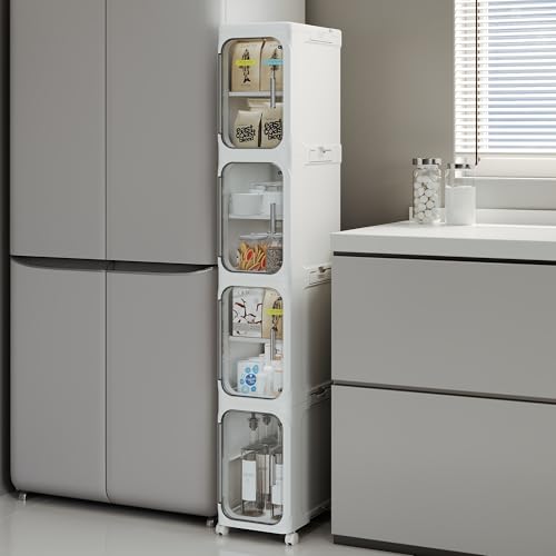 Narrow Slim Bathroom Storage Cabinet with Wheels - 4-Tier White, Foldable & Adjustable Shelves