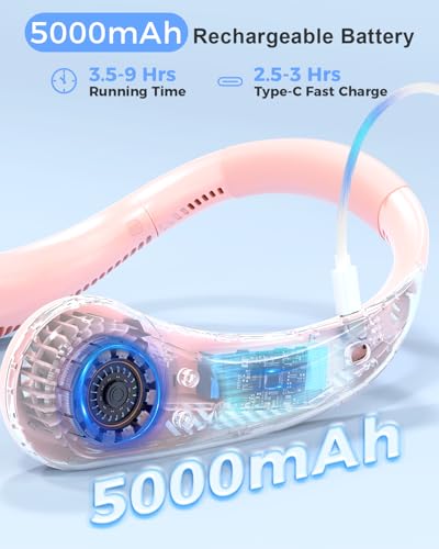Pink Portable Bladeless Neck Fan - Rechargeable Personal Cooling for Women & Girls