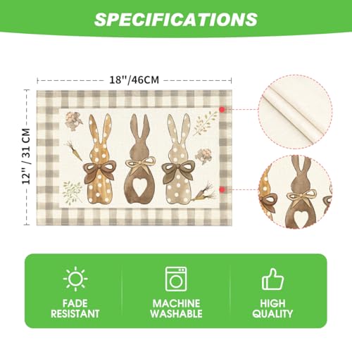 Artoid Mode 12x18 Inch Buffalo Plaid Bunny Easter Placemats Set of 4 – Seasonal Holiday Kitchen Table Decor Brown