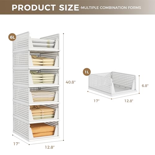 6 Pack Stackable Plastic Closet Organizer Bins - White, Large