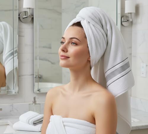 White/Grey Luxury 6-Piece Cotton Bath Towels Set - Soft Absorbent Quick Dry