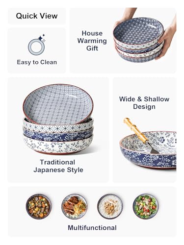 LE TAUCI Vintage Blue 32 oz Ceramic Pasta Bowl Set of 4 - Japanese-Style Serving Bowls
