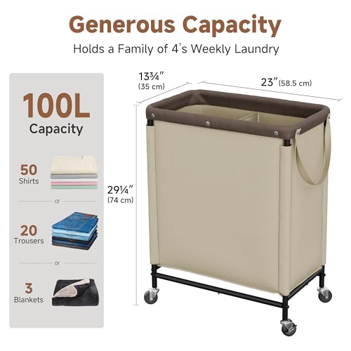 Laundry Hamper 2-Section 100L with Wheels - Light Khaki Sorter Cart