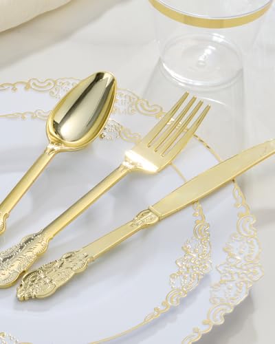 Gold Plastic Dinnerware Set for 50 Guests - Elegant Disposable Party Plates & Utensils