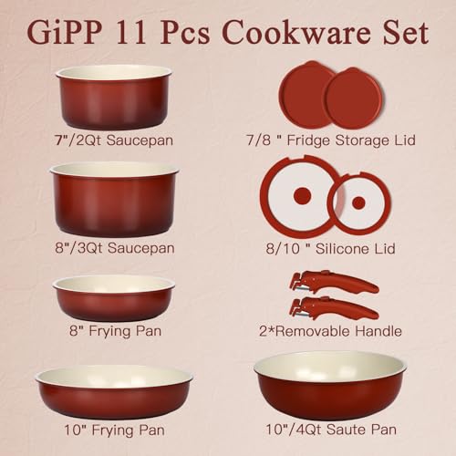 Red and Black Gradient 11-Piece Nonstick Cookware Set with Detachable Handles