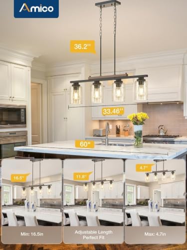 Amico 4-Light Seeded Glass Kitchen Island Chandelier - Modern Farmhouse Pendant Lighting