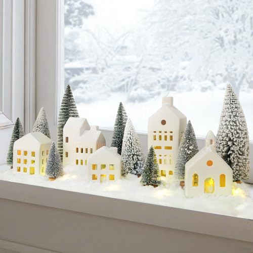 Lighted Ceramic Christmas Village Set with Houses, Trees & Remote Control