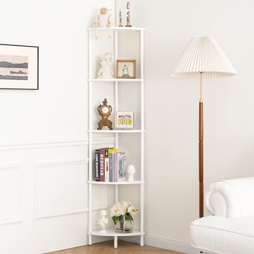 Yoobure White Corner Shelf Stand 5-Tier Tall Bookshelf for Bedroom & Living Room